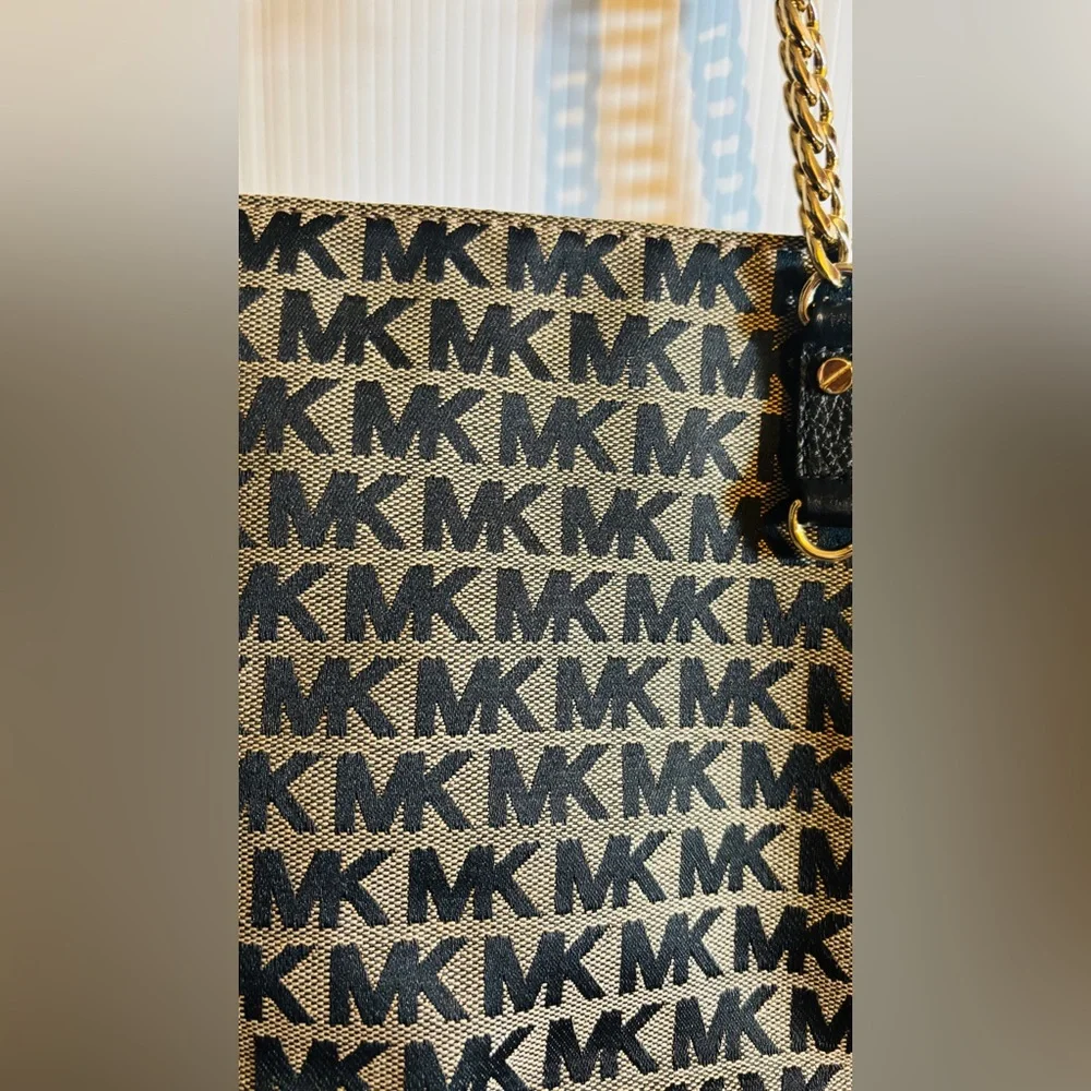 Michael Kors Black & Beige MK Logo Chain-Accent Tote